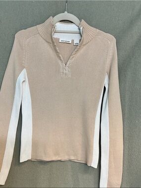 DKNY Beige and White Half-Zip Colorblock Knit Top